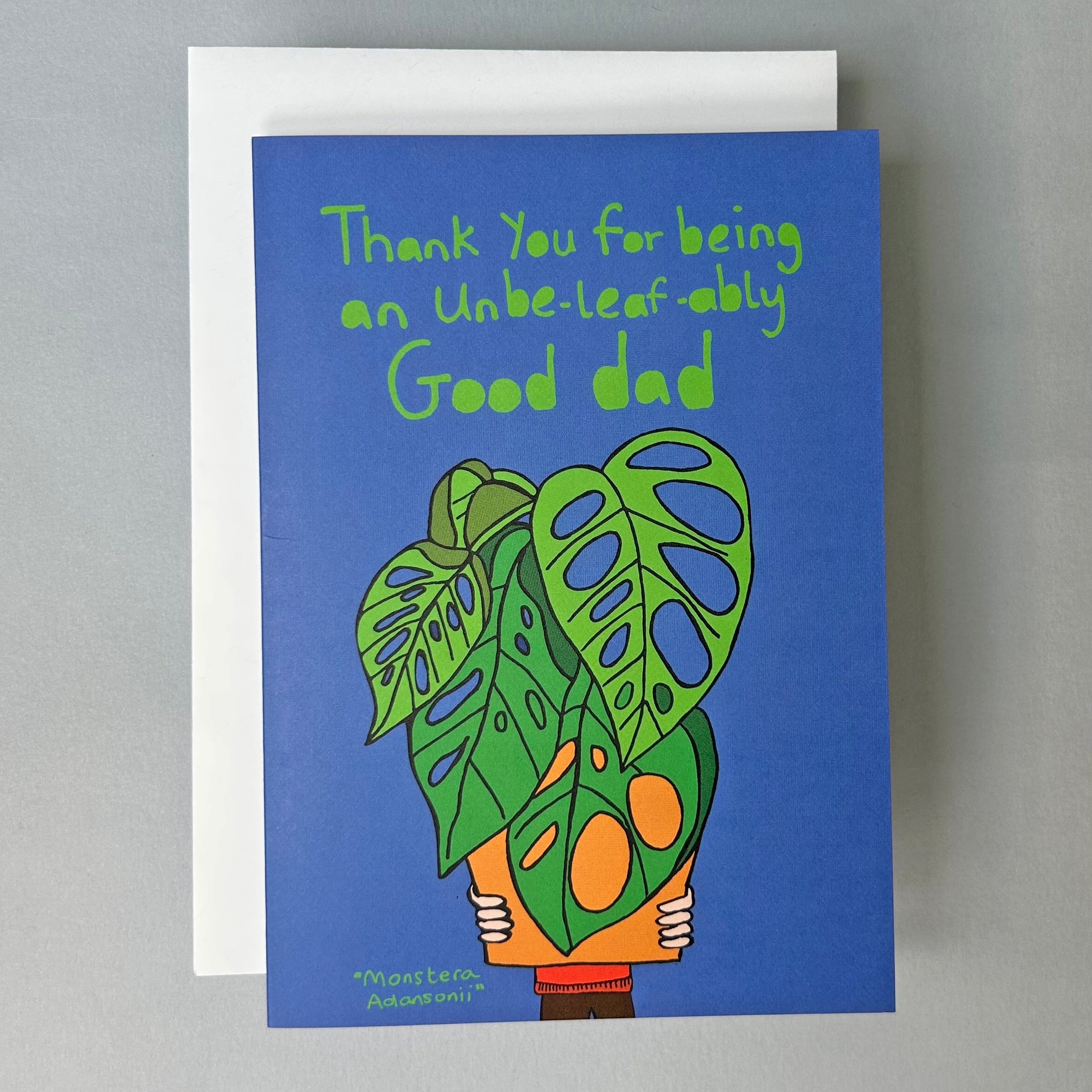 Greeting card with plant illustration and text on a blue background