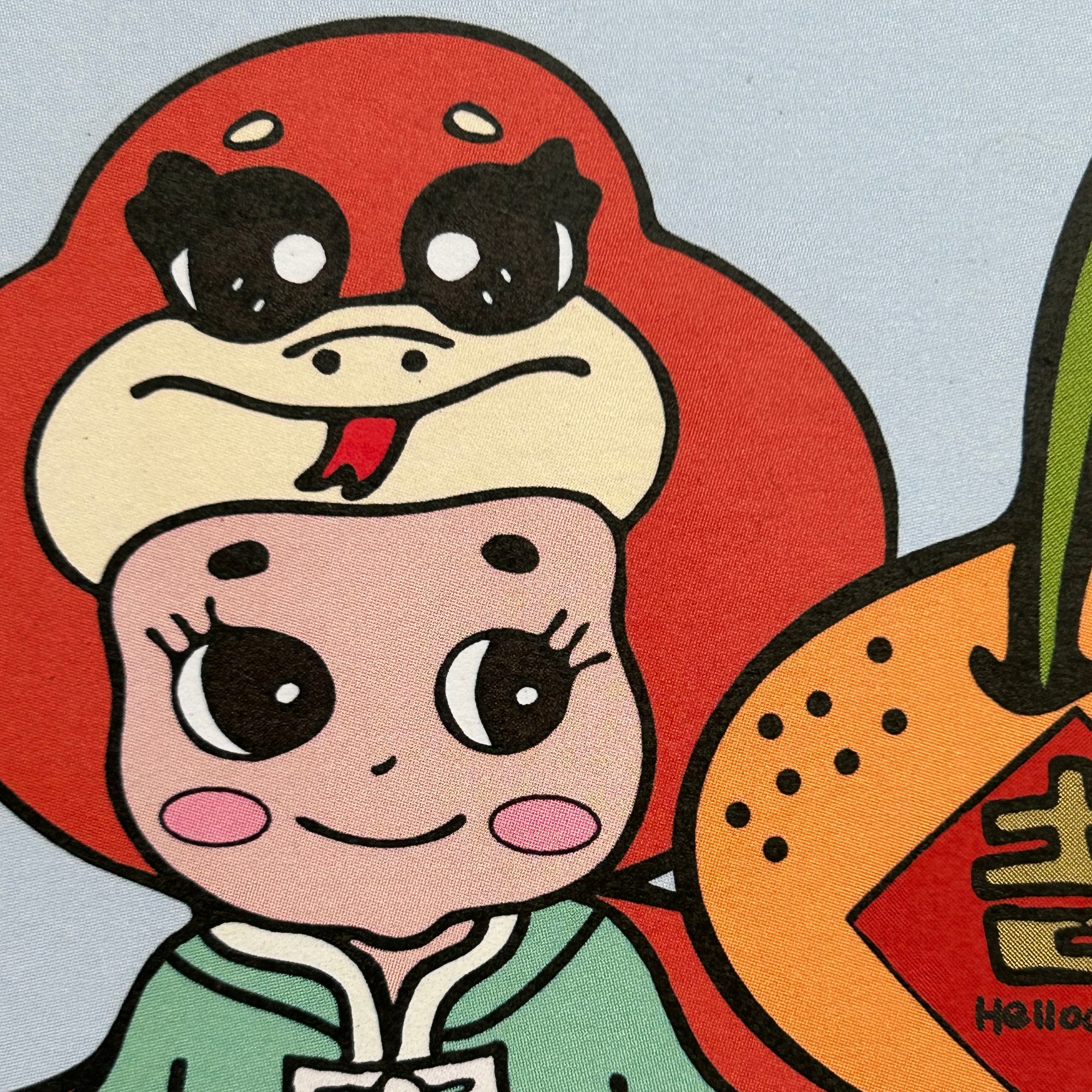 Close up detail of a colour illustration of a girl wearing a Chinese suit, with a Snake Head on her head and holding a large tangerine.