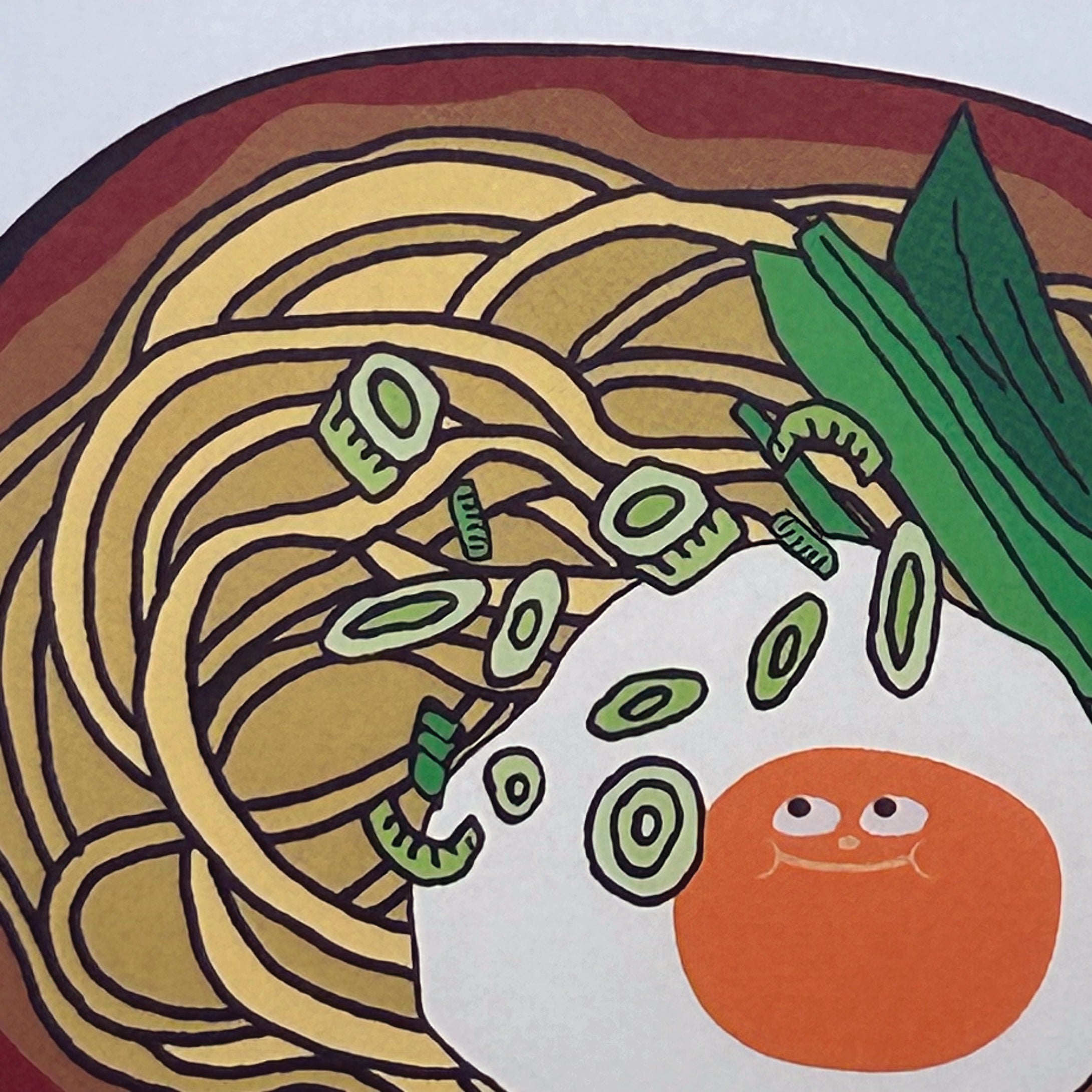 Illustration of a bowl of noodles with an egg and green onions on a colorful background