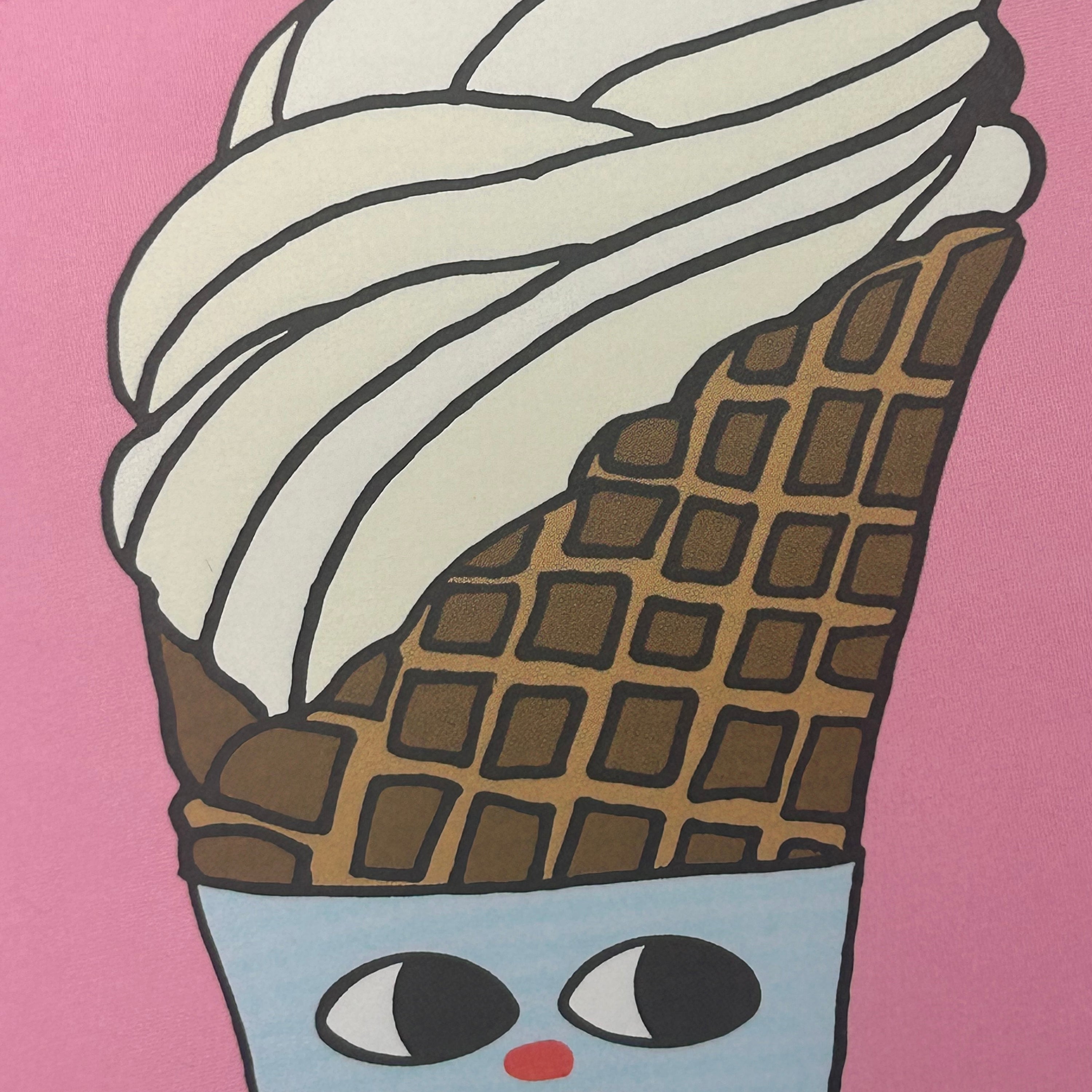 Cartoon ice cream cone with a face on a pink background
